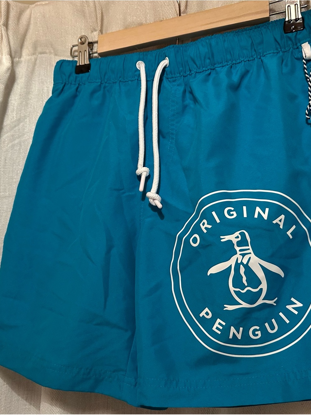 Original Penguin Teal Blue Men’s Swim Trunks with White Logo